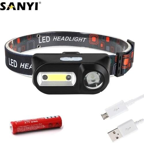 COB+XPE LED Headlamp Waterproof Motion Sensor Headlight Head Lamp USB Rechargeable 18650 Head Torch For Night Fishing With Cable