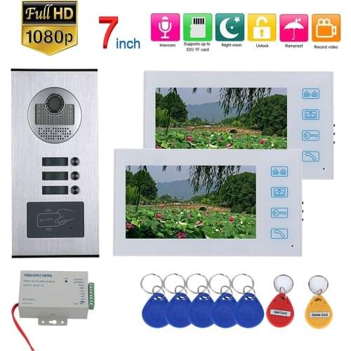7inch Record Video Intercom 2 Apartments Video Door Phone Intercom System with RFID HD1080P Doorbell Waterproof Camera