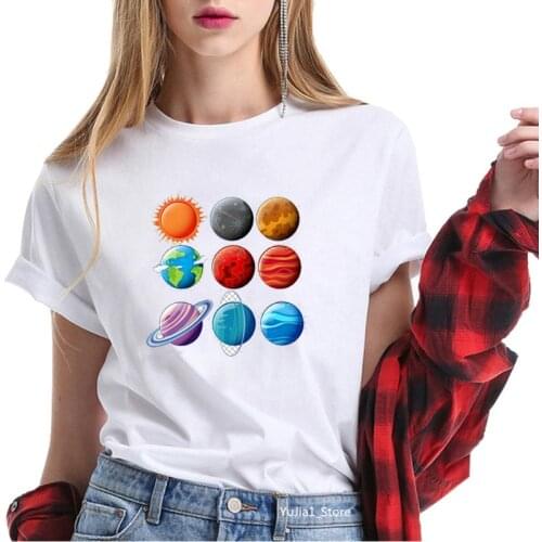 Solar system planets in hands Printed funny t shirts women novelty tee shirt femme Astronomy enthusiasts birthday gift cool tops