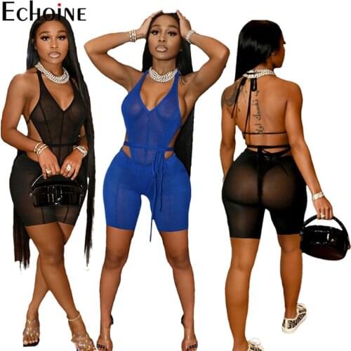 Echoine Women Sheer Mesh See Through Two Piece Set Halter ackless Skinny Bodysuits and Skinny Biker Short Night Club Outfits