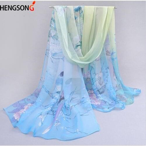 Autumn Spring Fashion Chiffon Scarf 160*50cm Birds Flowers Print Scarves Shawl For Women Ladies Pashmina 24 Colors