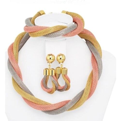 Women African Beads Jewelry Set Wedding Twist Weave Choker Necklace Earring Bangle Bridal Dubai Ethiopian Jewellery Sets