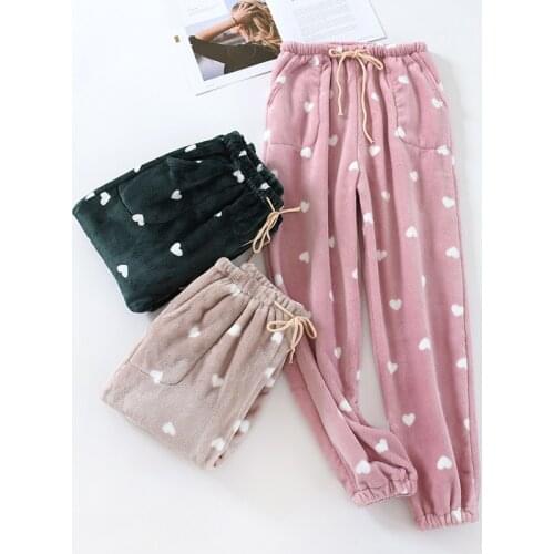 Winter Pajamas Home Pants For Women Elastic Trousers Loose Warm Thicken Fannel Pijamas Pants Sleepwear Printed Autumn Nightwear
