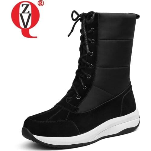 ZVQ Snow Boots Winter New Style Woman Shoes Round Toe Laced Up Platform Wedges Suede Leather Plus Size Warm Inside Ankle Boots