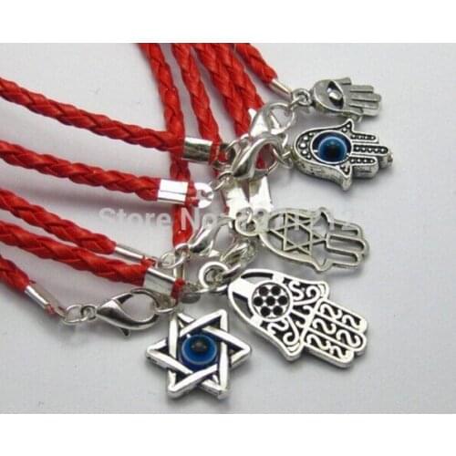 50Pcs Fashion Vintage Mixed Kabbalah Hamsa Hand Charms Red Leather Good Luck Bracelets & Bangles Jewelry A49