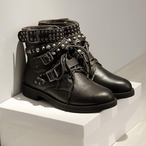COSIDRAM Women Motorcycle Rivet Boots Winter Female Metal Decoration Low Heel Fashion Gothic Shoes Plus Size 43 BRM-032