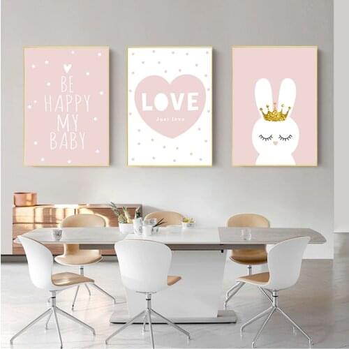 Decoration Picture Nordic Baby Girl Room Decor Nursery Wall Art Canvas Poster Minimalist Crown Bunny Print Pink Cartoon Painting