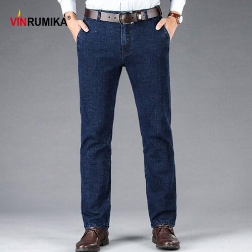 2020 Spring Middle Aged Mens Casual Brand Straight Jeans Autumn Male Cotton Denim Blue Thick Pants Black Cowboy Long Trousers