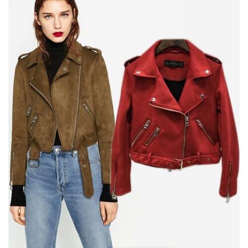 European station slim zippered decorative suede jacket short womens leather jacket