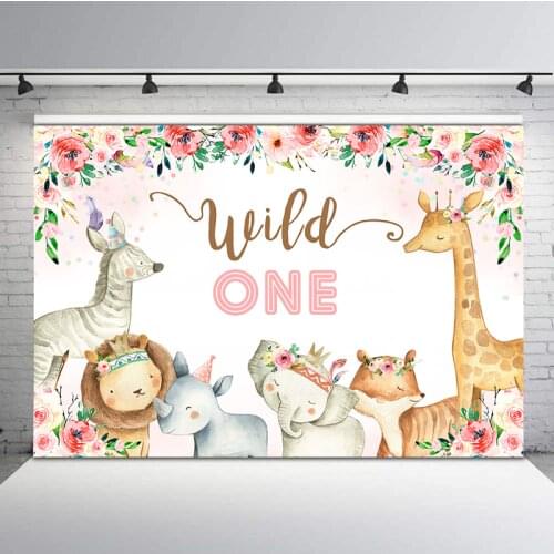 Wild One Baby Shower Backdrop Pink Flowers Cute Animal Photo Background 1st Birthday Party Decor Banner Photography Backdrops