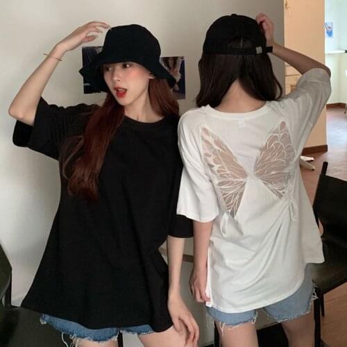 100% Cotton Butterfly Hollow Backless Short-Sleeved T-shirt Female Summer New Style Korean Loose Harajuku Ins Long And Short Top