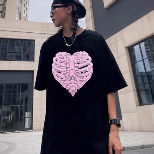 Skeleton Heart Shape Print Oversized T-shirt Short Sleeve Top Y2K Harajuku Punk Hip Hop Plus Size Women Clothes Black Pink Tees