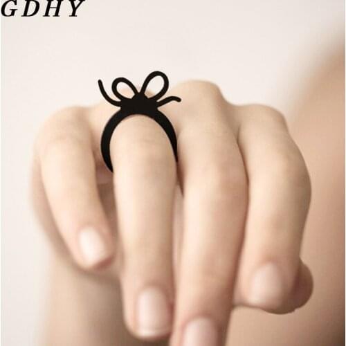 GDHY Black Ribbon Bow Rings Finger Ring Cute Acrylic Erect Hollowing Bow Ribbon Rings For Lover Girl Party Jewelry Accessories