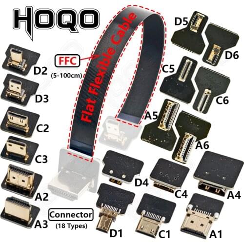 Ribbon Flat FPV HDMI-Compatible Connector Flexible Cable Raspberry Pi 4 Micro HDMI to HDMI/Mini HDMI Female 90 Degree FFC 20pin