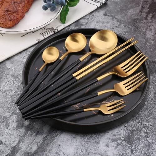 Hot 304 Stainless Steel Tofok Black Gold Cutlery Set Scubiertos Dorados De Acero Inoxidable Table Knife Kitchen Goods Amount