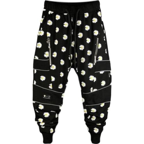 Idopy 2020 New Fashion Harem Pants Streetwear Floral Printed Elastic Waist Trousers Striped Harem Pants Joggers With Zippers