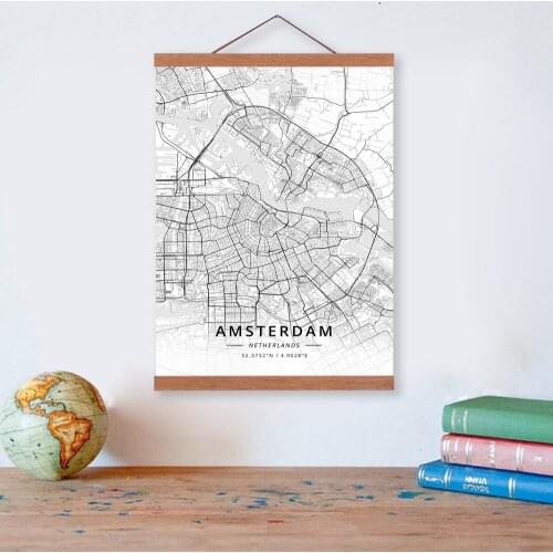 Amsterdam, Netherlands City Map Wooden Framed Canvas Painting Home Decor Wall Art Print Pictures Poster Hanger