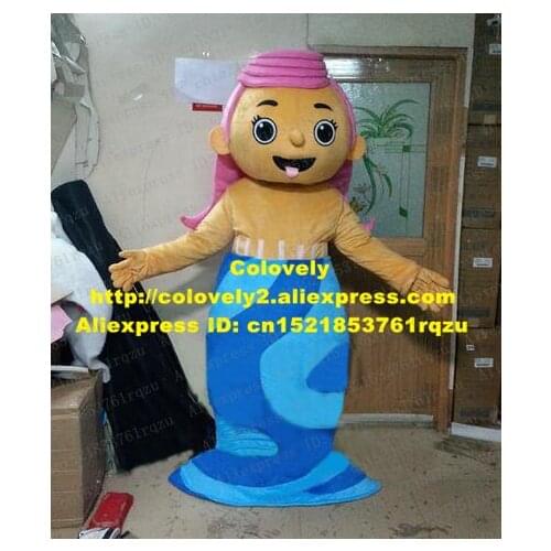 Mermaid Sea-maid Mascot Costume Adult Pink Hair Yellow Upper Body Blue Fin Is Actually Lower Body Blue Wavy Stripes ZZ3740