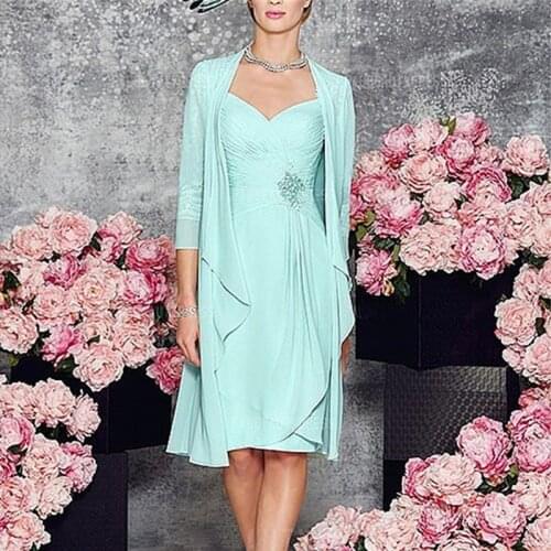 Hot Sale Two Pieces Mother of the Bride Dresses Lace with Jacket Short Dresses Knee Length Wedding Party Gowns with 3/4 Sleeves