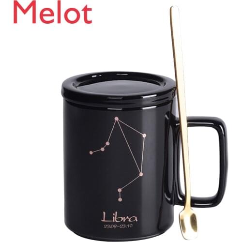 Mug with Cover Spoon Personality Constellation Cup Ceramic Couple Drinking Cups Coffee Cup for Men and Women