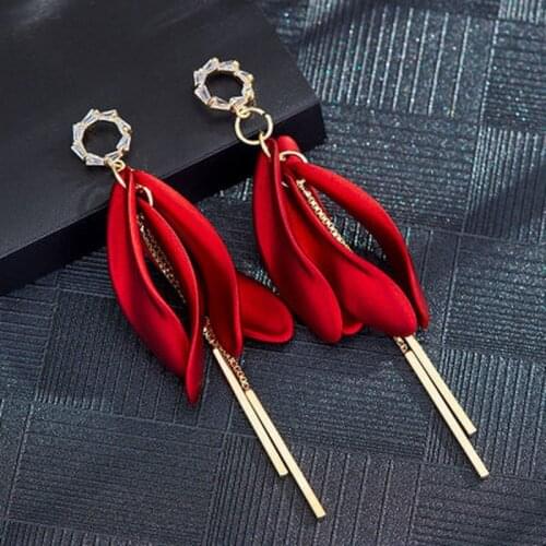 Minar New Arrival Vintage Women Dangle Earrings Sexy Rose Petal Long Tassel Earrings Female Korean Jewelry Red Earrings Gifts