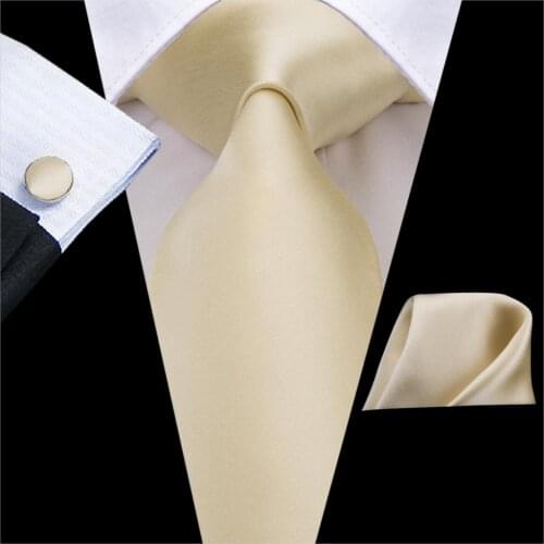 C-3266 Hi-Tie High Quality 100% Silk Ties for Men Soft Silk Solid Ivory champagne NeckTie Hanky Cufflinks Set Classic Mens Ties