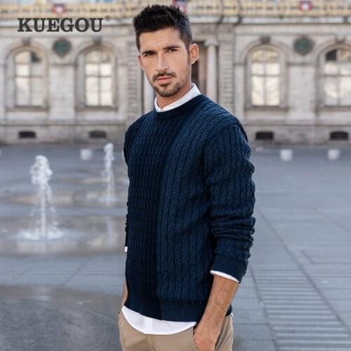 KUEGOU 100% Cotton Autumn Winter Clothing Men‘s Sweater Color Patchwork Man Pullovers Sweaters Knitted Top Plus Size YYZ-2204