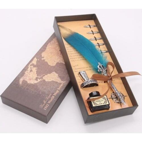 Metal Fountain Pen Set Luxury Calligraphy Feather Dip Pen Writing Ink Set Stationery Gift Box with 5 Nib Wedding Quill Pen