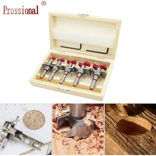 5pcs Forstner Auger Drill Bit Set Dia 15 20 25 30 35mm Wood Cutter Hex Wrench Woodworking Hole Saw For Power Tools Wooden Box