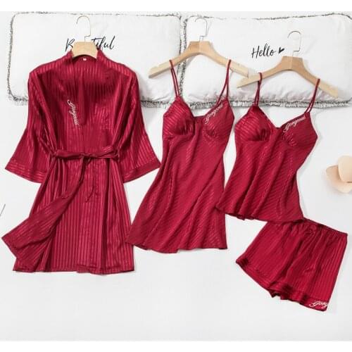 Satin Sexy Pajamas Set Silk Robes For Women Sleepwear Stripe Nighty For Bride Robe Pink Nightgown 4 Pieces Set Sling Nightdress