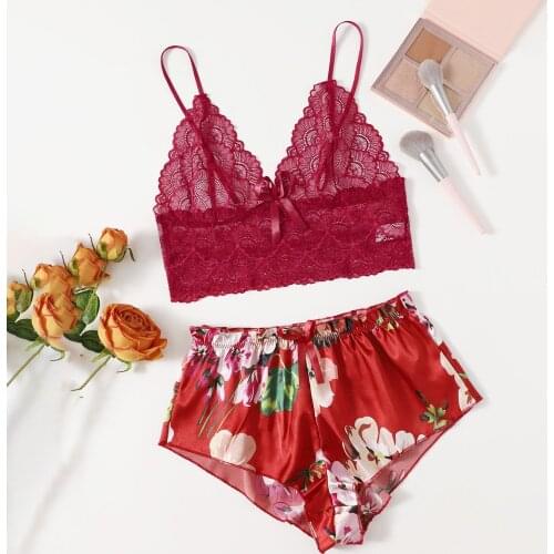 Lace Pajamas Set Satin Silk V Neck Summer Sleeveless Sling Casual Fashion Printing Sleepwear for Women Homewear Pizama Damska