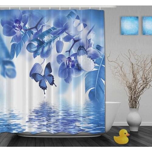 Custom Watercolor Blue Floral Butterfly And Beautiful Lake Shower Curtains Waterproof Fabric With Hooks Bathroom Shower Curtain