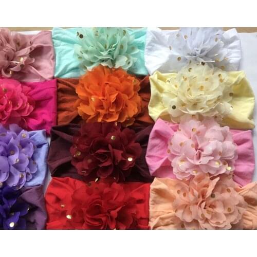 30pc/lot 2018 New Dot Stamp Chiffon Flower Nylon Headbands Girls Soft Wide Nylon Headbands Children Girls Turban Headwear