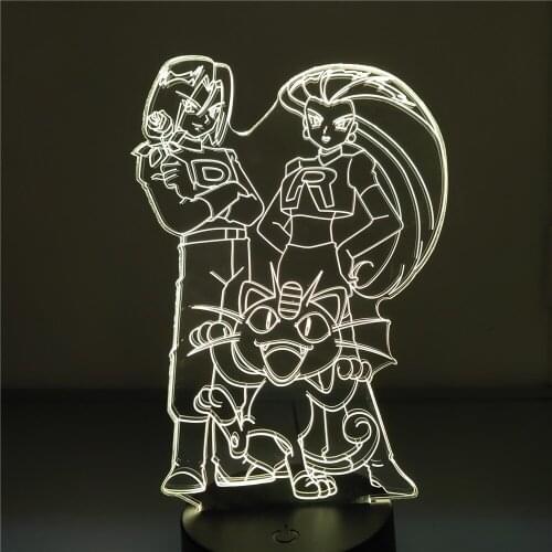 Pokemon 3D Night Light LED Lamp Rocket Team Decoration Lampara Meowth Jessie James Bedroom Decor Lights Pocket Monster Pikachu