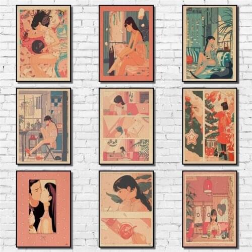 Japanese Manga Gentle Girl Poster Kraftpaper Cartoon Poster Art Painting Abstract Fancy Wall Sticker for Coffee House Bar