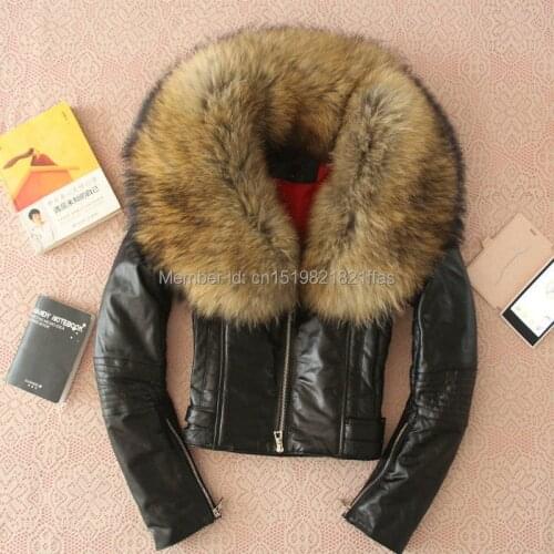 Large Super Raccoon Fur Sheepskin Motorcycle Natural Genuine Leather Clothing Female Coat Warm Jackets