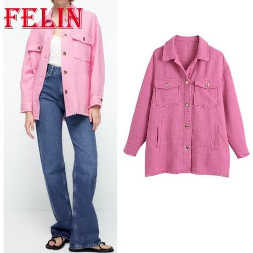 Za 2021 Chic PIink Women Jackets Fashion Autumn Long Sleeve Pockets Button Shirt Texture Outwear Warm All-match Blazer