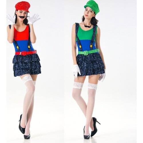 Halloween Luigi Bros Costume Women Sexy Dress Plumber Costume Adult Mario Bros Cosplay Costume Fancy Paillette Dress
