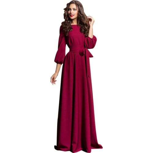 Spring Long Round Neck 3/4 Sleeves Floor To Length Woman Wine Red Bridesmaid Dress with Belt Evening Dress for Wedding Party