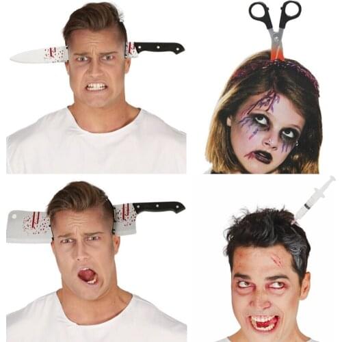 2021 Halloween Horror Wear Head Knife Scissors Syringe Terrorist Hairband Cosplay Fancy Dress Party Costume Trick Toy Spoof Prop