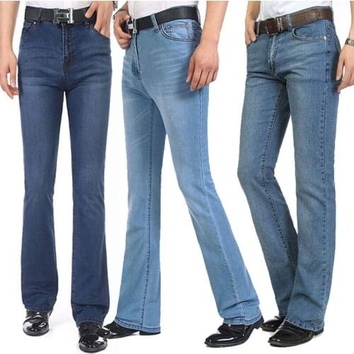Color: Light blue Dark blue 2020 Spring and Autumn jeans Mid-waist Stretch flare pants Mens Micro-brown pants Size 26-40