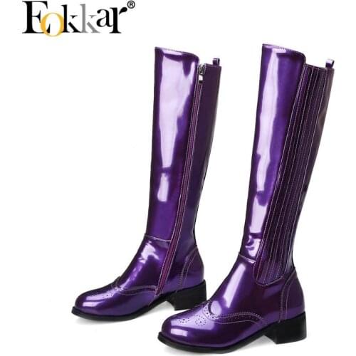 Eokkar 2020 Women Knee High Boots Patent Leather Square Low Heel Elegant Round Toe Oxford Boots Winter Ladies Boot Size 34-43