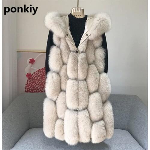 Hooded Real Fox Fur Vest Long Sleeveless Natural Fur Women Real Fur Vests Plus Size Winter Jacket 2020
