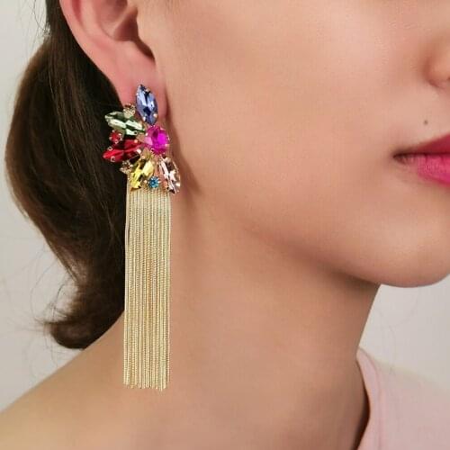 MANILAI Colorful Crystal Long Metal Chain Dangle Drop Earrings Luxury Fashion Rhinestone Jewelry Accessories For Women 2021