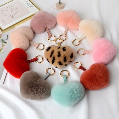 10CM cute fluffy heart-shaped keychain 100% rabbit plush ball Rex keychain girl bag trailer keychain jewelry accessories