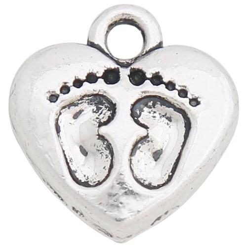 RAINXTAR Fashion Mothers Day Gifts Single Side Heart Alloy Baby Feet Pattern Pendant Charms 13*14mm 50pcs AAC099