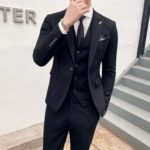 2021 British Style Autumn Mens Stripe Slim Business Banquet Coat Pants Vest / Male Wedding 3 Pieces Blazers Jacket Trousers Set