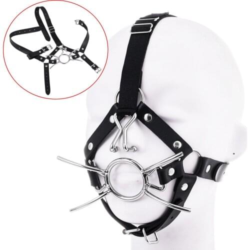 New Metal O Ring Gag Spider Open Mouth Plug With Nose Hook Leather Head Bondage Strap SM Slave Oral Fixation Sex Toys For Women