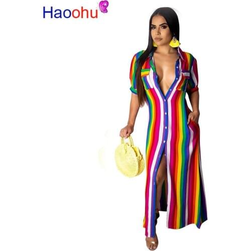 HAOOHU Colorful Rainbow Striped Loose Maxi Dress Women Autumn Button Up Pockets Elegant Party Dresses Casual Long Shirt Dress