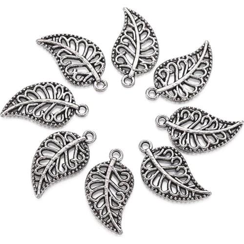 20pcs Leaf Pendants Tibetan Style Charms for Bracelet Necklace Jewelry DIY Making Silver Color 18x10x1mm Hole: 1mm